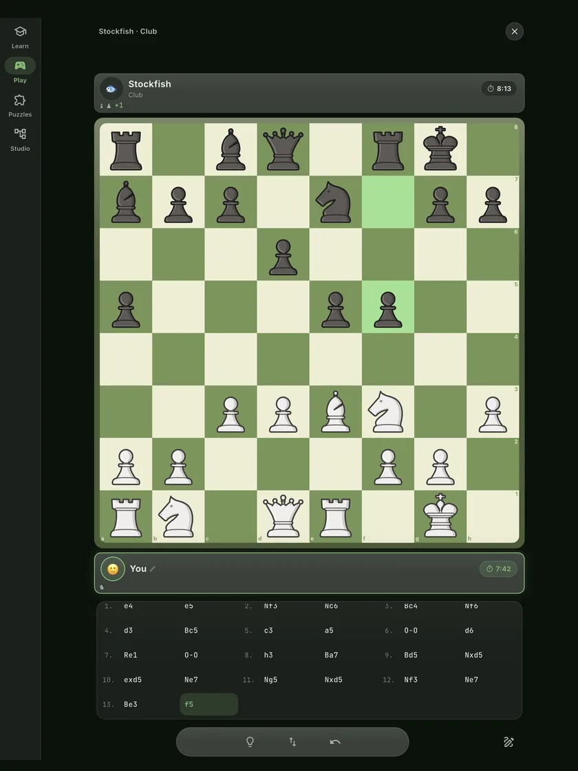 A game against Stockfish on iPad, with its move list