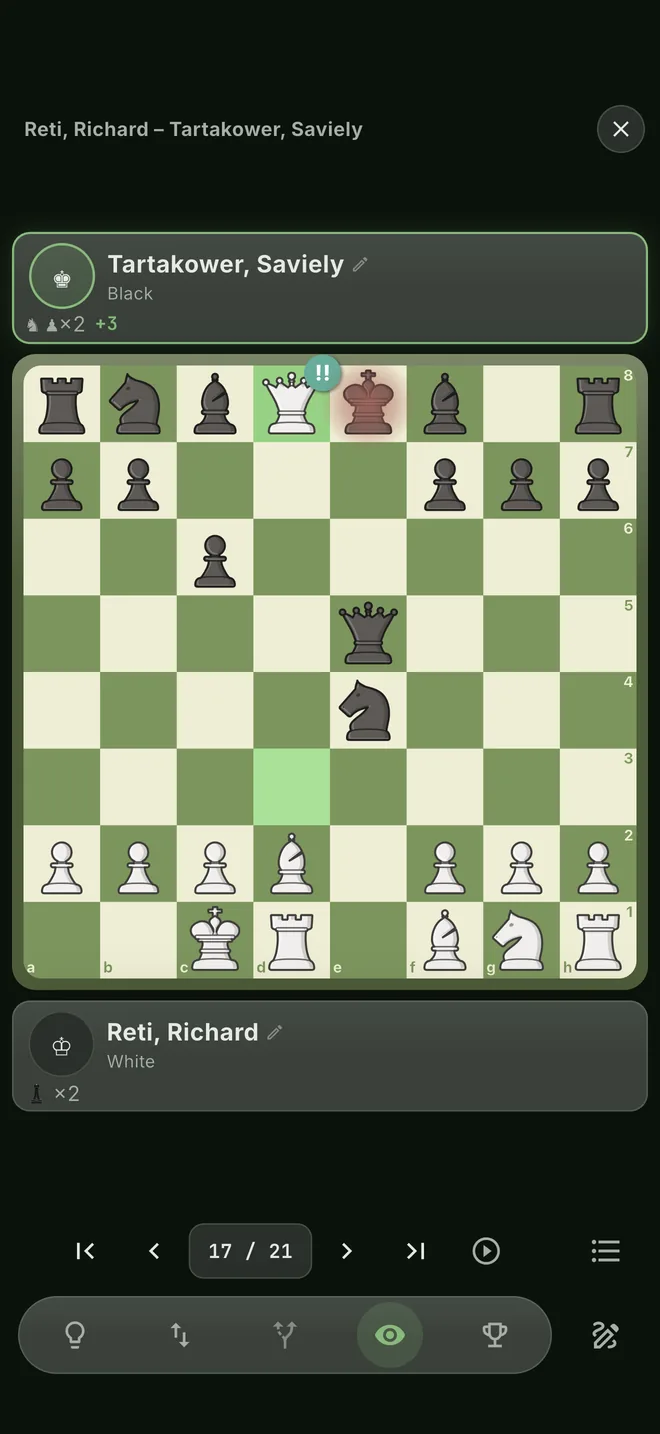 Réti against Tartakower, Vienna 1910, the queen sacrifice marked brilliant