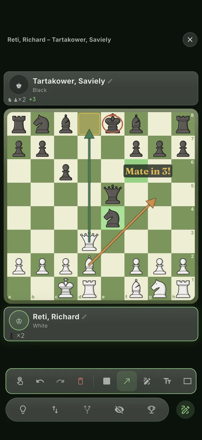 Two arrows, a highlighted square, a ring round the king and a Mate in 3 label drawn on the board